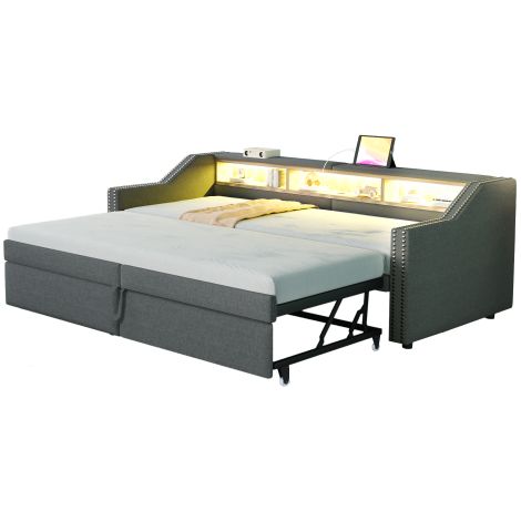 Polsterbett Ausziehbares Schlafsofa, Multifunktionales Staufach, LED-Licht und USB-Buchse, mit Lattenrost