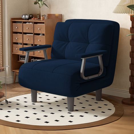 Sofá cama/sillón, convertible, 1 plaza - Alto confort, desmontable, con cojín, reposabrazos y patas de metal (Azul)