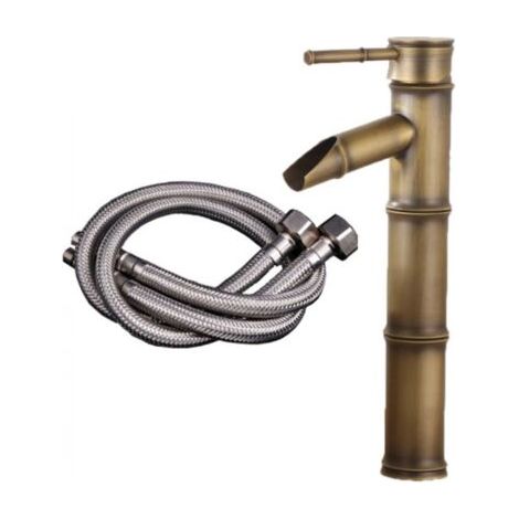 High Bamboo Faucet, Waterfall Sink Mixer Tap, Single Hole Hot and Cold Water Faucet Available, Bronze Bathroom Faucet, 3 Break Mouth Gaskets (1/5)