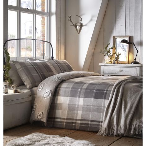 Housse de Couette à Carreaux Gris 230 x 220 cm 2 taies d'oreiller 100% Coton brossé Doux Design réversible Parure de lit en Flanelle Grise avec hérissons (1/5)