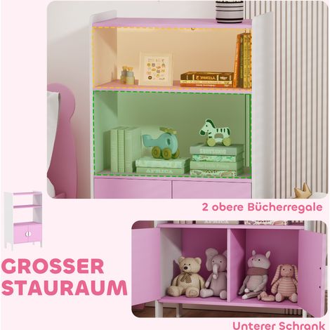 Bibliothèque enfant 2 étagères 2 armoires autoportante, conception anti-chute, pieds antidérapants, MDF rose et blanc