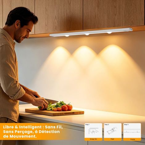 ®WHD© Lampe de Placard LED 40cm, Détecteur de Mouvement, Sans Fil Magnétique, USB Rechargeable, 3 Températures ,Argent (1/5)