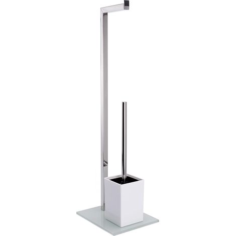 Combiné WC 2 en 1 INOX - Support WC avec Récipient Amovible - Brosse et Dérouleur Papier - Verre Blanc - Ø30 cm - Hauteur 70 cm - Design Moderne et Polyvalent (1/5)