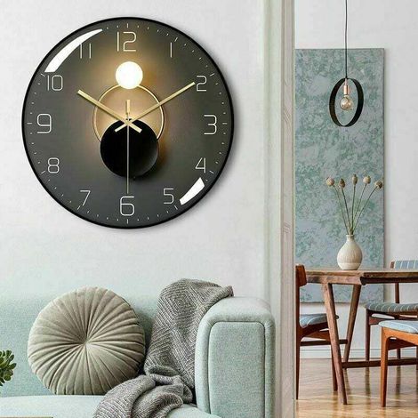 Moderne, geräuschlose Wanduhr, 30 cm Durchmesser, runde digitale Quarz-Wanduhr (Schwarz) (1/4)