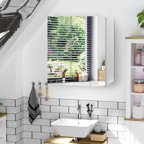 Kleankin Badezimmer-Wandschrank mit 3 Spiegeltüren und verstellbaren Einlegeböden aus weißem MDF, Maße: 70 x 15 x 60 cm (L x B x H)