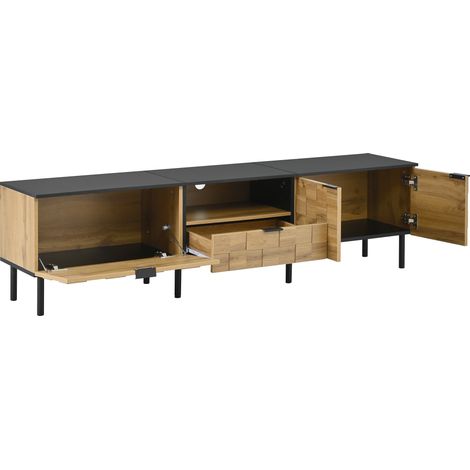 Meuble TV mosaïque, meuble bas TV, 2 portes avec tiroir, buffet média pour salon, aspect bois, panneau de particules, pieds en métal, niche ouverte