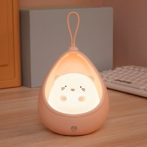 Simpatica luce notturna a forma di gatto per bambini，lampada da comodino a LED con sensore di movimento，regalo di compleanno (rosa) (1/5)