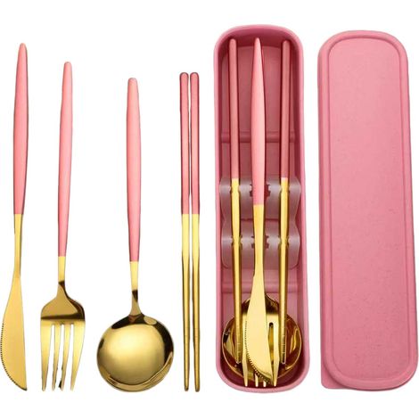Ensemble de couverts en acier inoxydable (avec étui de rangement) — Set de 4 ustensiles portables et réutilisables pour le camping et les voyages (Rose) (1/4)