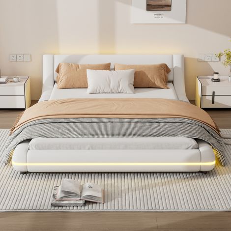 Bett Bodenbett modern aus PU Weiß 140x200 cm mit niedrigem Kopfteil, Lattenrost und LED-Ambientelicht (1/5)