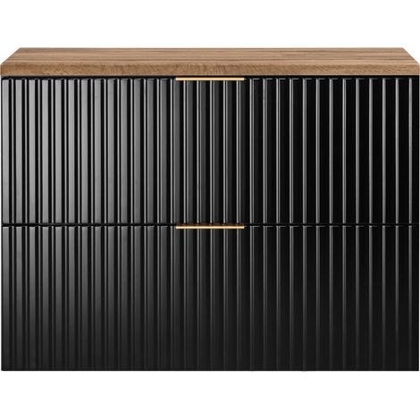 Furnidea - Meuble sous vasque à suspendre FLOW noir avec le plan chêne wotan 80 cm - 2 tiroirs - façades rainurées (1/5)