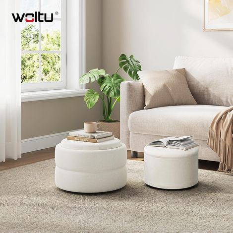 WOLTU 2x Pouf Contenitore Rotondi con Coperchio Reversibile e Removibile in Velluto a Nuvola, Bianco