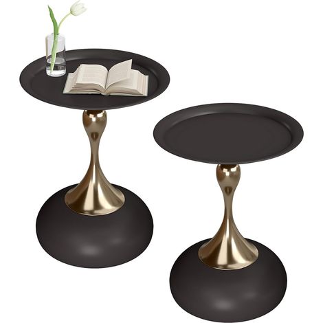Table d'appoint Ronde Noir Doré, Métal Petite Table Basse, Bout de Canape Vintage, Gueridon Salon pour Décoration Intérieure, 38x 54cm