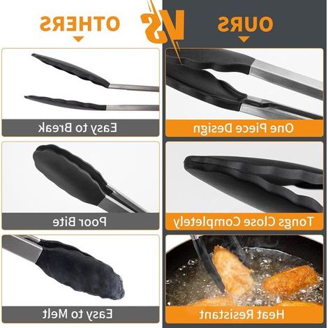 Pinzas para parrilla de acero inoxidable y silicona de 18 cm - Pinzas de cocina resistentes al calor para carne, verduras y parrilla (1/5)