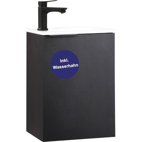 Kometmöbel Gäste-WC Waschtisch Set 40 cm Vormontiert Klein Waschbecken mit Unterschrank (Schwarz mit Griff 40cm, Mit Wasserhahn Schwarz) (1/5)