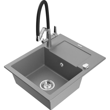Mexen Enzo évier en granit 1 cuve avec égouttoir et robinet de cuisine Duo, gris - 6506-71-671701-07 (1/5)