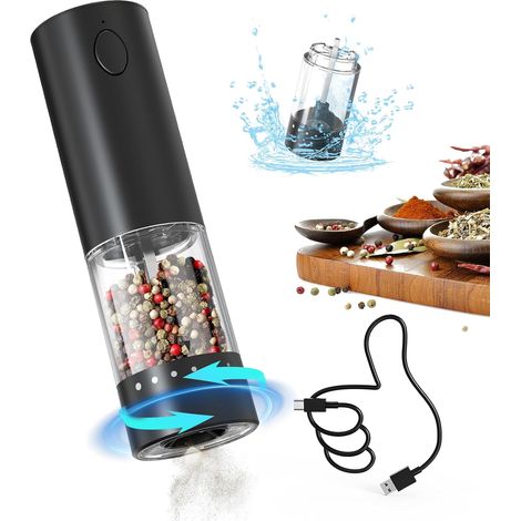 Wiederaufladbare elektrische Pfeffermühle, Gewürzmühle mit transparentem 95-ml-Behälter, weißem LED-Licht und extern einstellbarer Grobheit, Schwarz (1/5)