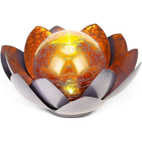 Lampe solaire lotus pour jardin extérieur, globe en verre craquelé ambré, étanche, en métal gris. (1/5)