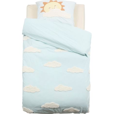 Parure de lit enfant 2 pièces coton tufté nuages housse + taie Bleu 140x200 cm