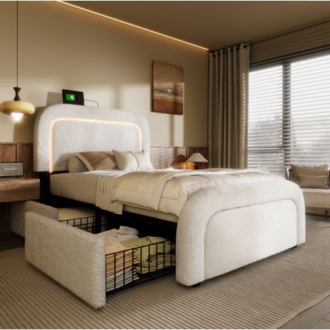 Letto singolo imbottito rétro 90x200 cm bianco, testiera regolabile con USB-C e LED, 2 cassetti, rivestimento Sherpa (1/5)