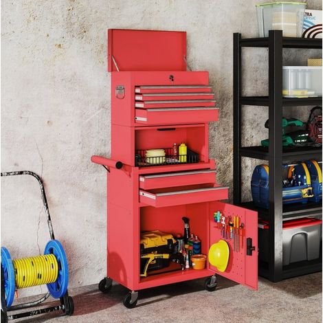 Carrello portautensili 131 cm con 6 cassetti, 2 armadi, acciaio rosso su ruote e chiusura a chiave (1/5)