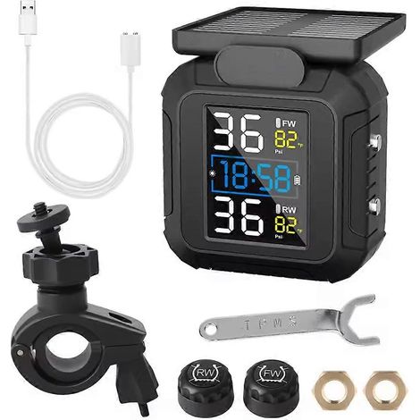 Système de surveillance de la pression des pneus (TPMS) pour moto MT20 avec alimentation solaire et 2 capteurs externes. Surveillance en temps réel de la pression et de la température des pneus. (1/5)