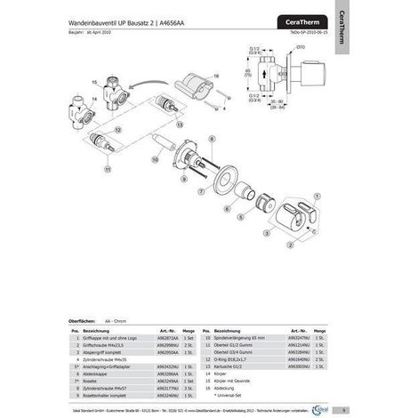 IDEAL STANDARD A962950AA Absperrgriff UP-Ventil Ceratherm 100,
