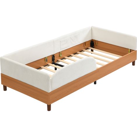 Gepolstertes Kinderbett 90x200 cm aus Samt und Holz mit 2 Taschen, Weiß, MODENUIT (1/5)
