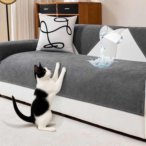 Funda de sofá de chenilla impermeable, resistente a los arañazos, apta para gatos y perros, antideslizante, negra, 90 x 160 cm. (1/5)