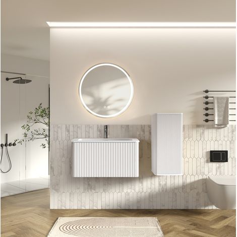 Meuble sous vasque avec lavabo, miroir LED et colonne, 80 cm, blanc OKMYHOME (1/5)