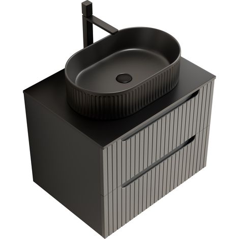 Hängender Badschrank 60 cm mit ovalem schwarzem Waschbecken und Sintersteinplatte (1/4)