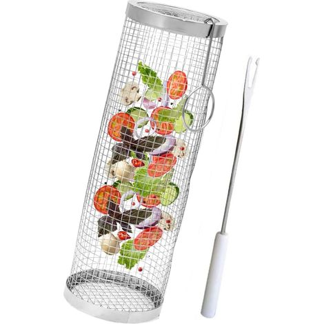 Panier à grillade cylindrique en acier inoxydable avec manche, pour légumes, frites et poisson, barbecue extérieur