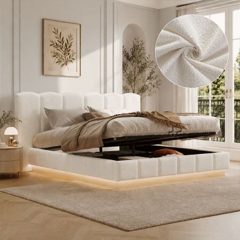 Tkopy - Lit rembourré - lit coffre 180x200 - lit 2 personnes - lit adulte - lit hydraulique - avec led - sommier tapissier 180x200 - lit avec sommier et tête de lit - blanc (1/5)