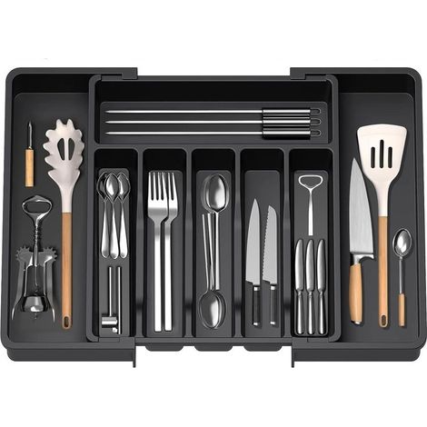 Extendable cutlery tray 33-57 cm – Adjustable drawer organizer in BPA-free PP – 8 compartments – Compact kitchen storage (1/5)