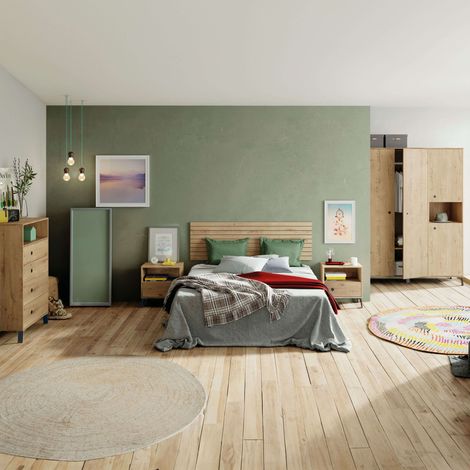 Pack Muebles Dormitorio Camila Armario, Cómoda, Mesita y Cabecero Estilo Industrial Color Roble Gold y Negro