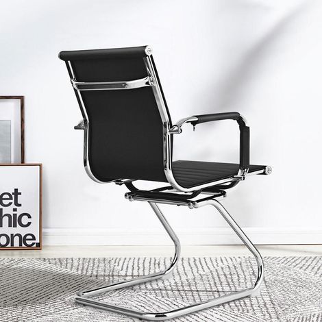 Montage facile - Lot de 8 chaises de bureau noires, dossier ergonomique, base luge en métal (1/5)
