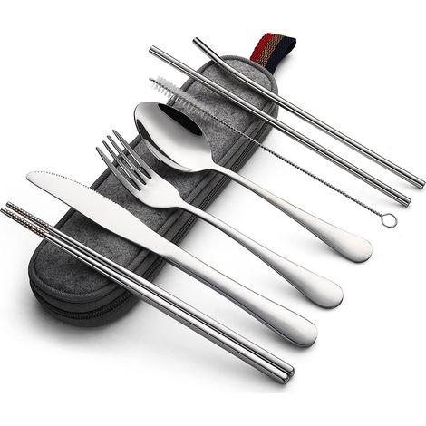 Ensemble de 8 couverts portables acier inoxydable : couteau, fourchette, cuillère, baguettes, goupillon, paille, étui.