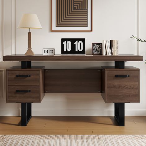 Escritorio de oficina 135 x 54 cm con cajones silenciosos y archivador mesa de ordenador para estudio y despacho estilo moderno de mdf y metal marrón y negro (1/5)