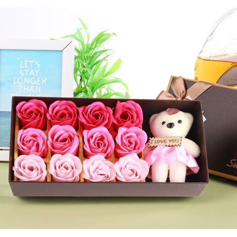 12 Rosenblüten-Seifenblumen-Plüschbär, romantisches Valentinstagsgeschenk mit Box (Rosa) (1/5)