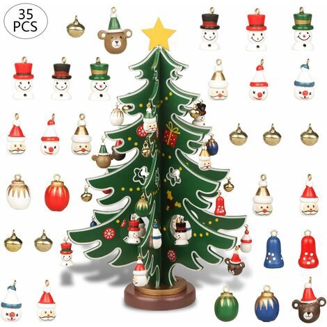 Pr Mini sapin de Noël en bois de table avec 30 mini décorations de Noël et 1 cime d'arbre étoile pour décoration de Noël (1/5)