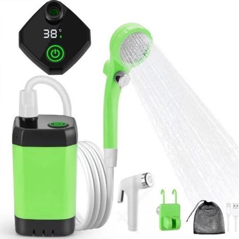 Portable camping shower with rechargeable shower pump and smart screen displaying water temperature and level. (1/5)