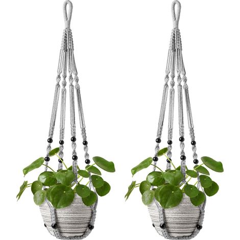 Support suspendu pour plantes tressé, Étagère de jardin, Panier suspendu pour intérieur – Livré avec 2 crochets – Déco bohème pour intérieur et extérieur – 1 pièce (Pot non inclus) (1/5)