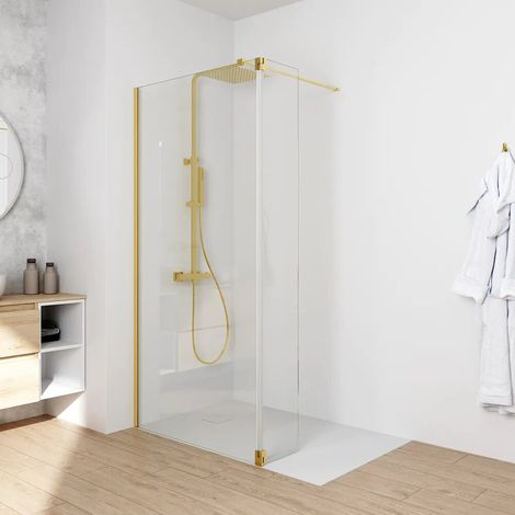 Cabine de douche à l italienne 70 cm porte pivotante 30 cm verre transparent de 8 mm traitement anti calcaire profilés en or brossé h200 (1/4)