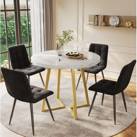 MEUBLIV Ensemble table à manger ronde 80 cm avec 4 chaises velours noir et pieds dorés (1/5)