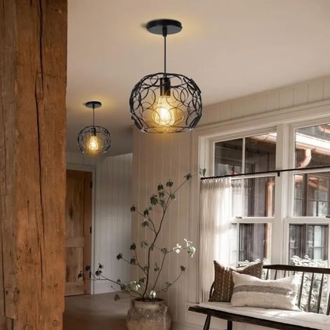 U-DO LOT DE 2 Lustre Industriel Suspension Cage en Fer Noir 2518cm Vintage Lampe Intérieur Décoration Café Balcon (1/4)