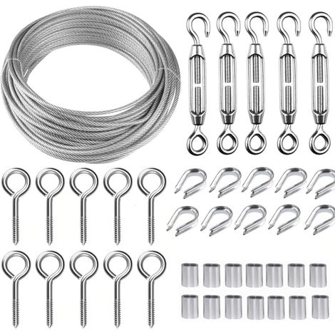 Kit tendeurs à vis M5 avec câble inox 30 m – Revêtement vinyle – Pour rideaux, treillis, plantes grimpantes, guirlandes (1/4)