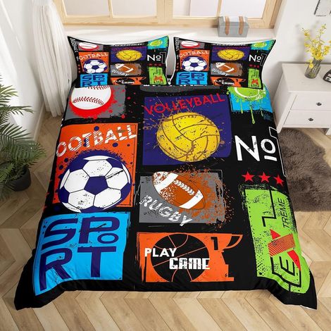 3D Ball Print Parure de Lit 140x200cm Sports Plaid Parure Housse de Couette pour Enfants Garçons Filles Ados Basketball Baseball Football Housse de Couette Respirant Room Decor - 140 x 200 cm (1/5)