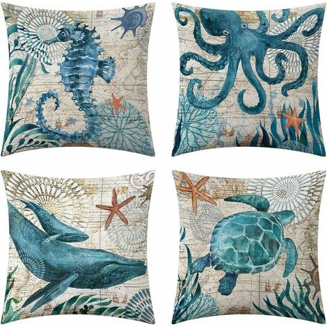 Funda de cojín impermeable (45,7 x 45,7 cm, azul) para muebles de jardín, estilo mediterráneo, funda decorativa de estilo marinero, adecuada para sofás, sillones y colchas, juego de 4 piezas. (1/5)