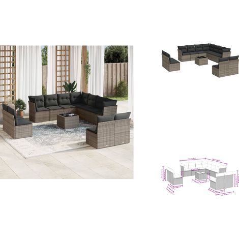 12-tlg. Garten-Sofagarnitur mit Kissen Grau Poly Rattan - Gartenmöbel - Outdoor Möbel - Rattan Sofa - Lounge Set - Esstisch (1/3)