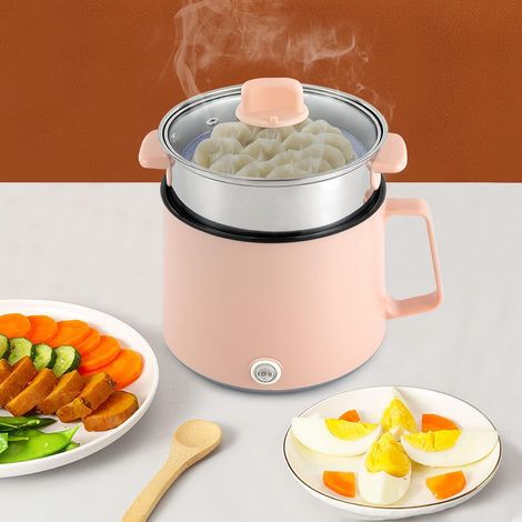 Elektrischer Hot Pot mit Dampfgarerm, Tragbare Antihaft Kochtopf elektrischer Multikocher mit doppelter Leistungssteuerung für Steak/Nudeln/Suppe/Ei/Hafer (Rosa + Dampfgarer) (1/5)