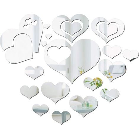 Ensemble de 21 stickers miroir en forme de cœur, miroirs muraux 3D, 2 styles, repositionnables, en acrylique, décoratifs pour salon, chambre et décoration intérieure. (1/5)